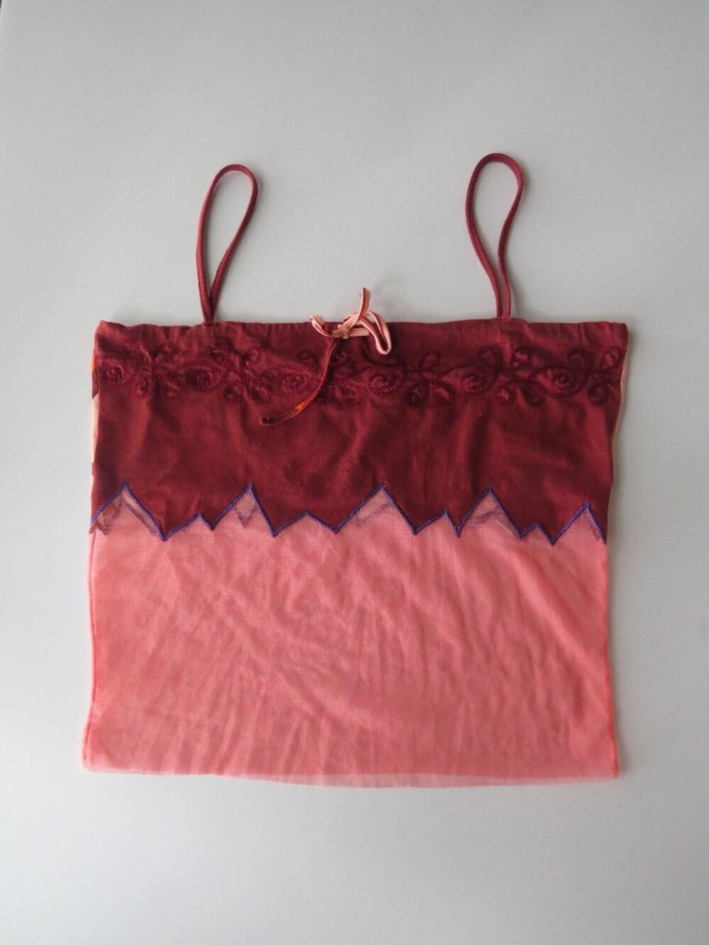 Vintage Italian 00s Designer Pinko Layered Mesh Embroidered Zigzag Top, Coral, M